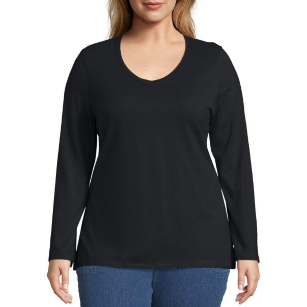 Just My Size Relaxed Fit Long Sleeve V-Neck Cotton Plus Size T-Shirt in Black